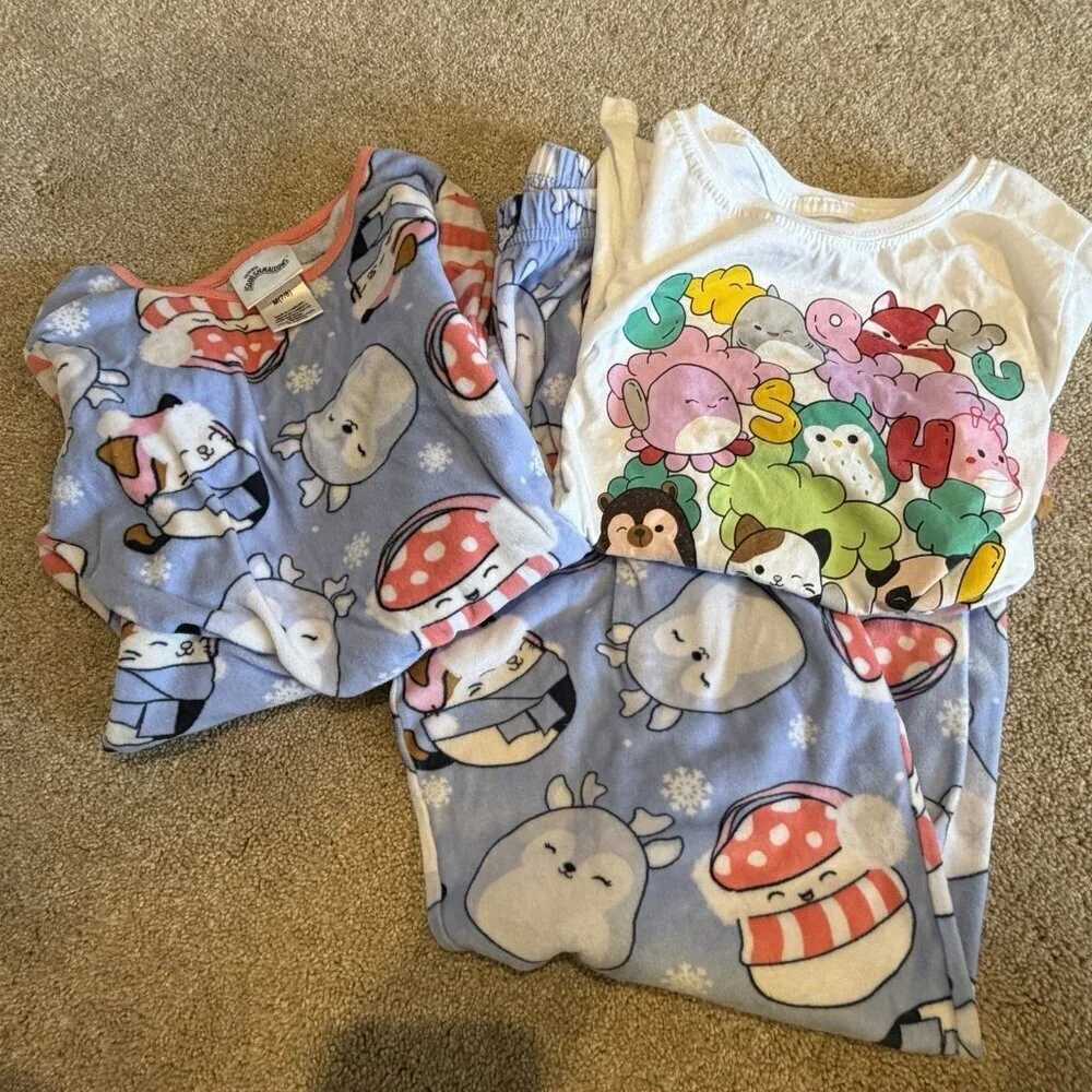 Squishmallows Girls Pajama Set and T Shirt Casual Blue White Logo Size 8 Knit